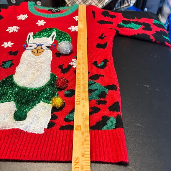 33 Degrees Llama Ugly Christmas Sweater XL Red Green Glitter Pom Pom Funny - Picture 3 of 6